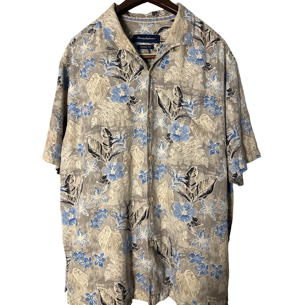 Vintage Tommy Bahama 100% Silk Floral Hawaiian Camp Shirt Grey/Blue/White  XL